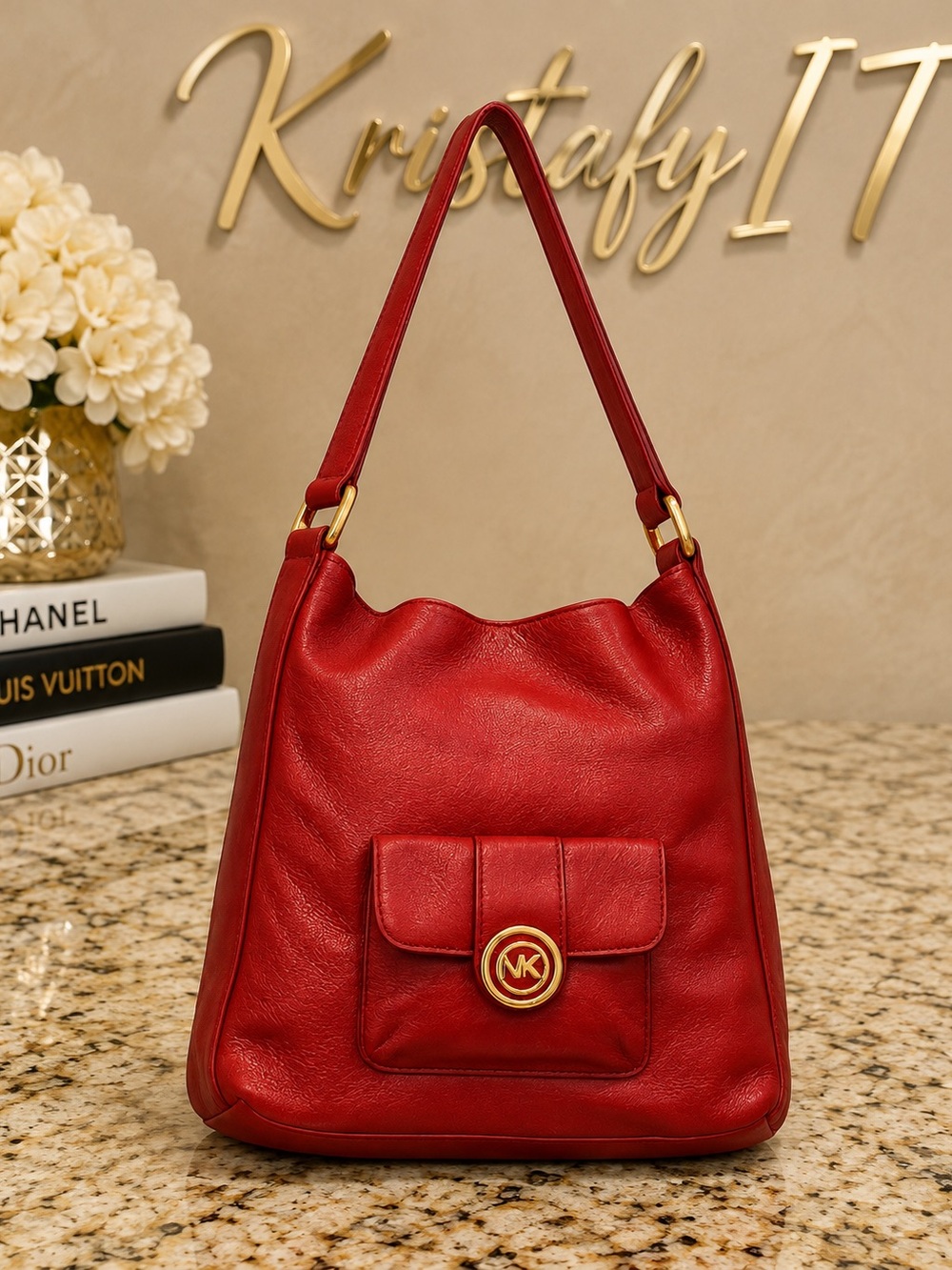 Michael Kors Red Pebbled Leather Slouchy Hobo Shoulder Bag Gold MK